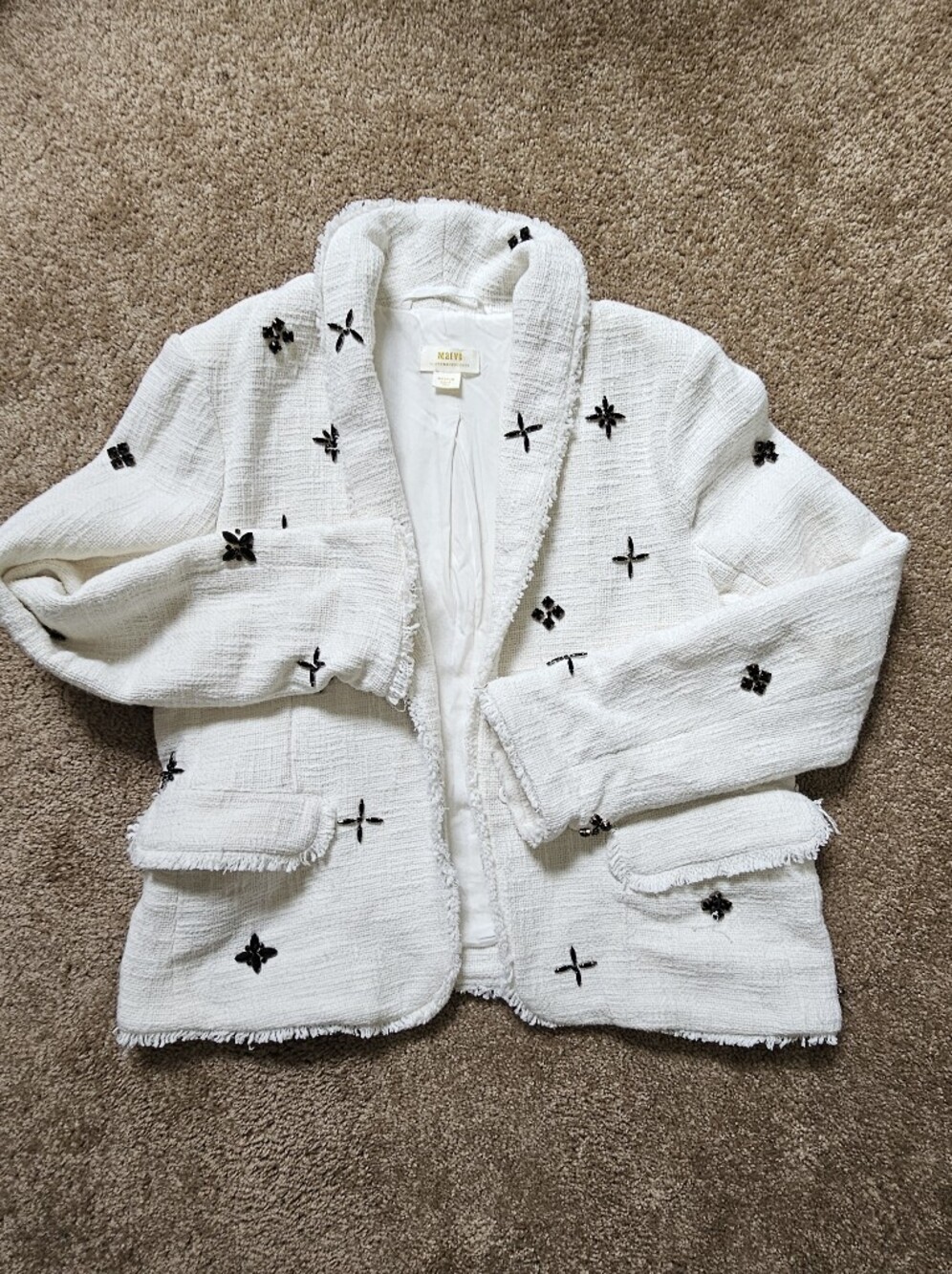 Anthropologie Maeve Decorative Tweed White Embellished Blazer Size M - Picture 3 of 11